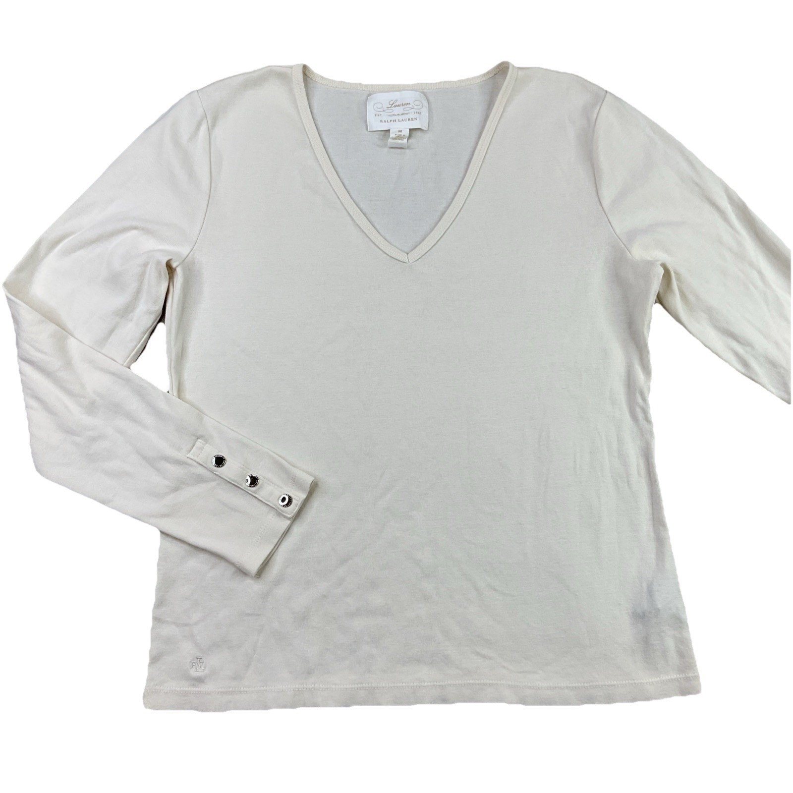 Lauren Ralph Lauren Top Womens Medium V Neck Button Cuff Cotton Off ...