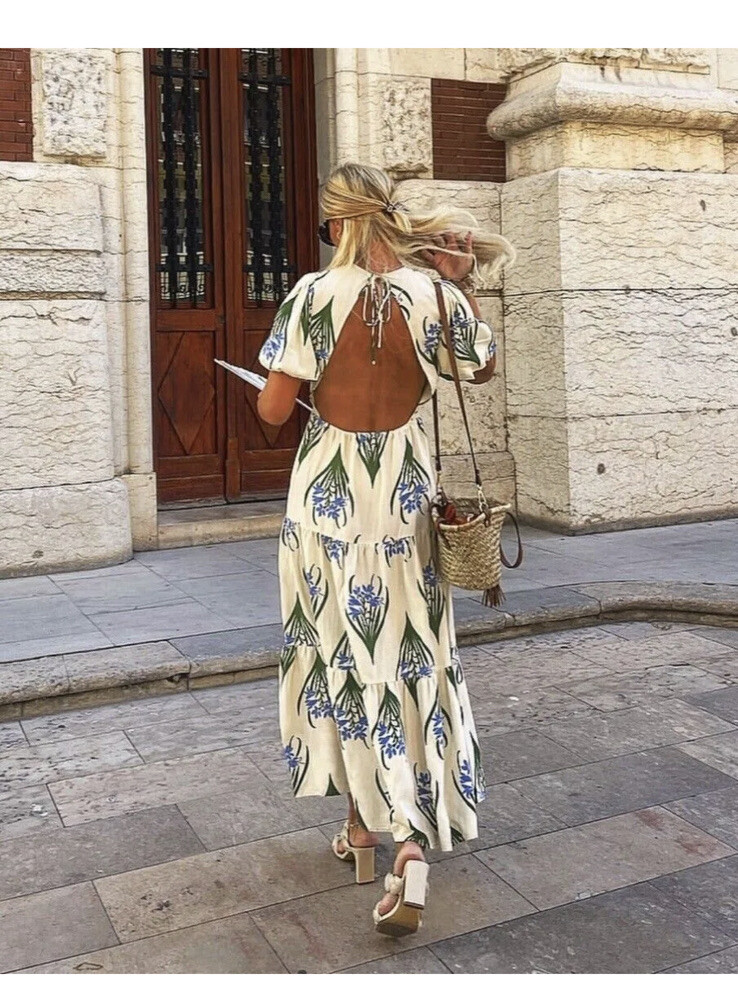 ZARA WOMANS ECRU FLORAL PRINTED LINEN COTTON BLEN MIDI DRESS
