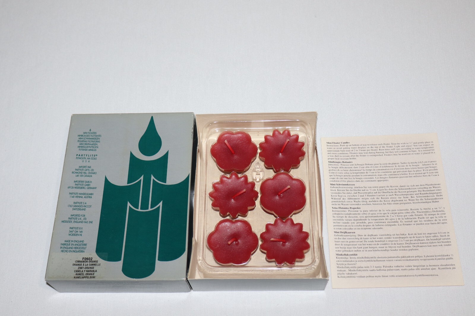 NIB Partylite 6 Mini Floaters Candles Red Cinnamon Orange Flower Shaped  F0602