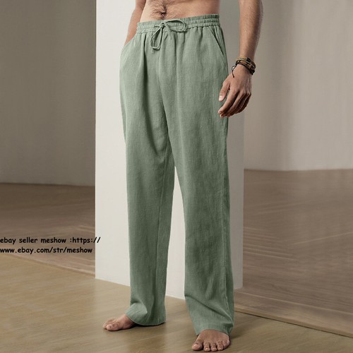 Mens Cotton Linen Loose Trousers Wide Leg Elastic Waist Casual Loose Pants S-3XL - Picture 39 of 55