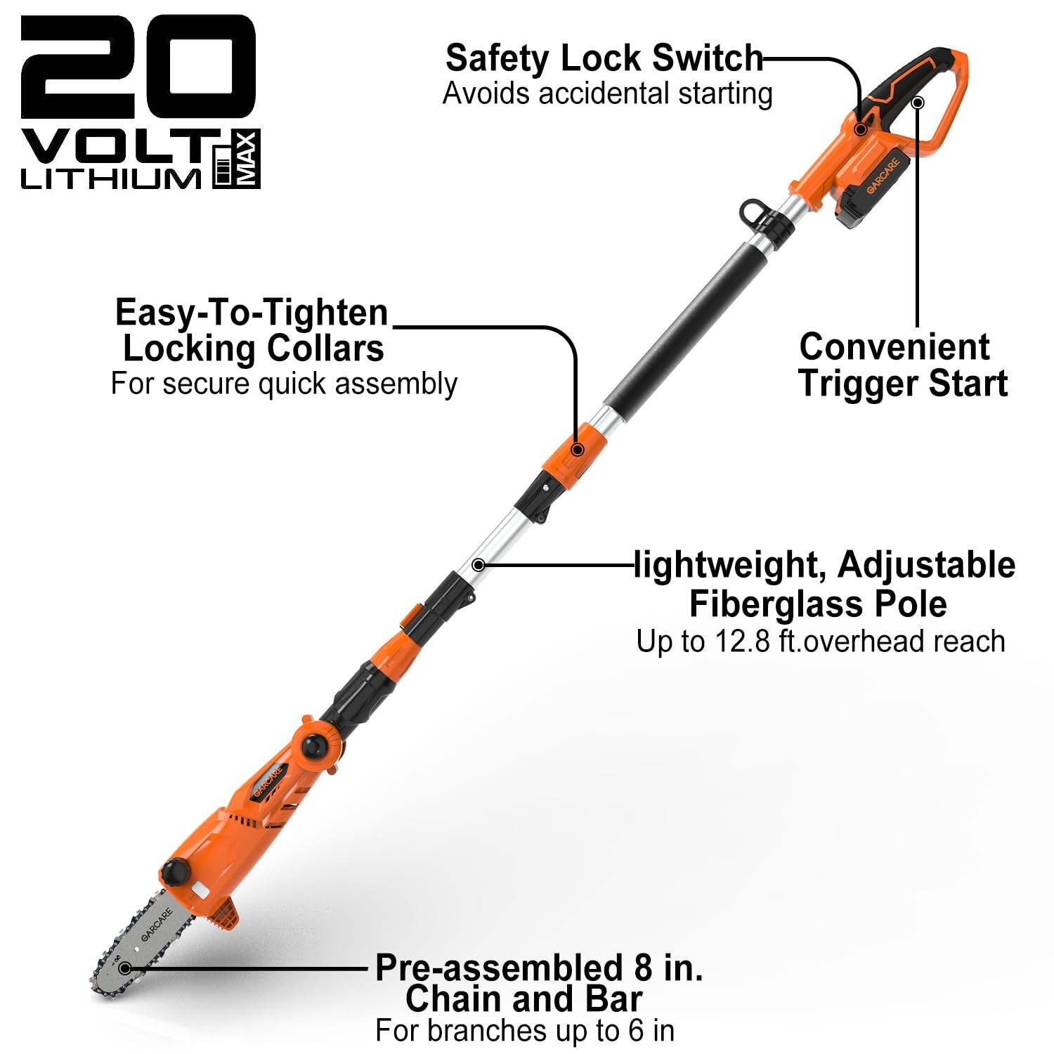 GARCARE Pole Chain Saw Cordless, 20V 2.0Ah Battery Powered 8 In. Chainsaw