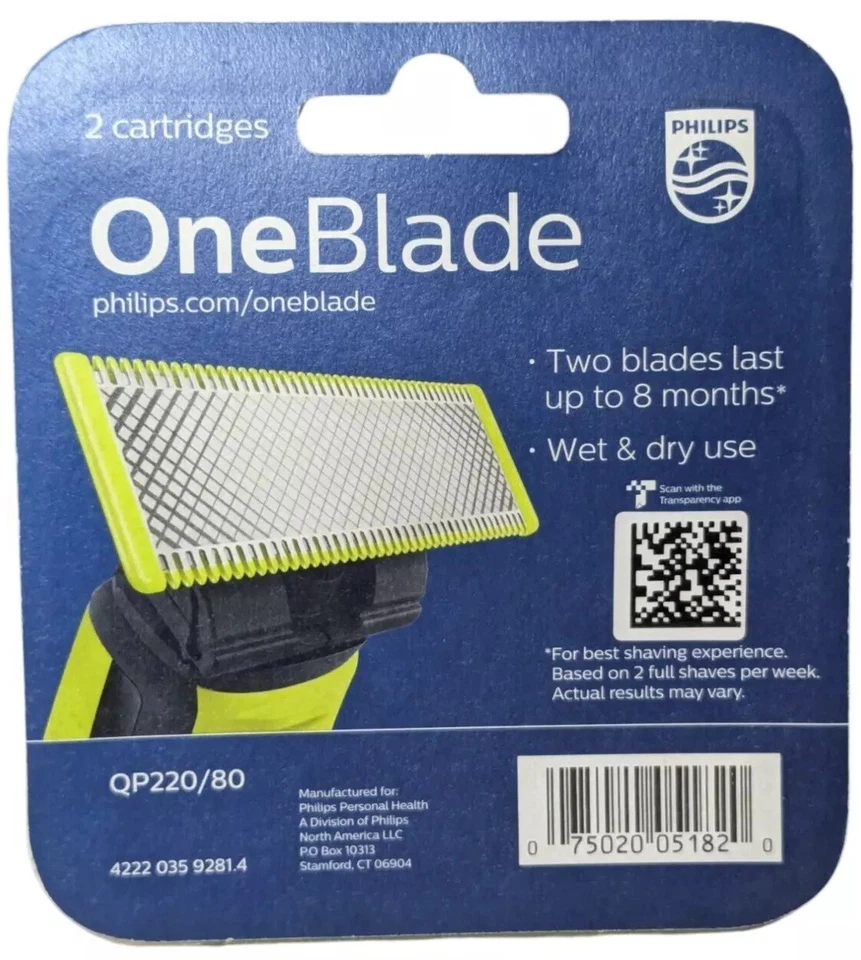 Philips Norelco OneBlade Cuchillas de Repuesto de Afeitado 2 Maquinillas de Afeitar QP220/80 Nuevo Genuino Foto 3 de 3
