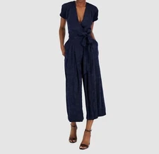 $159 Tahari Asl Women's Blue V-Neck Belted Waist One-Piece Jumpsuit Size 14