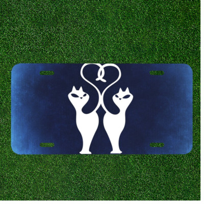 Custom Personalized License Plate Auto Tag With Two Cats And Tail Heart Design