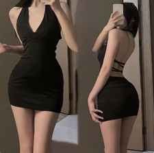 Women Sexy Halter Backless Slim V-neck Wrap Black Party Night Mini Dress
