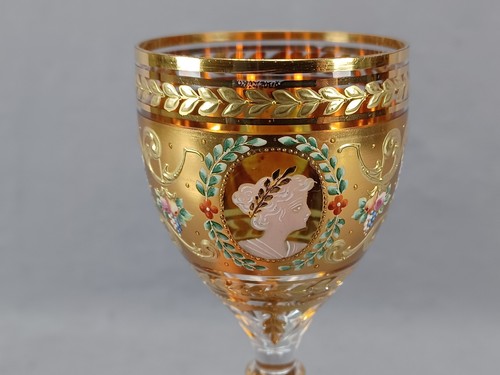 Moser Type Bohemian Enamel Roman Cameos Floral Heavy Gold 7 3/4 Inch Hock Wine B - Picture 7 of 13