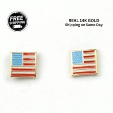 14K Yellow Gold American Flag Stud Earrings with Enamel