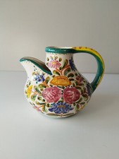 Antico Vaso Brocca Caraffa Anni 50 Fiori Scolpiti Dipinto A Mano