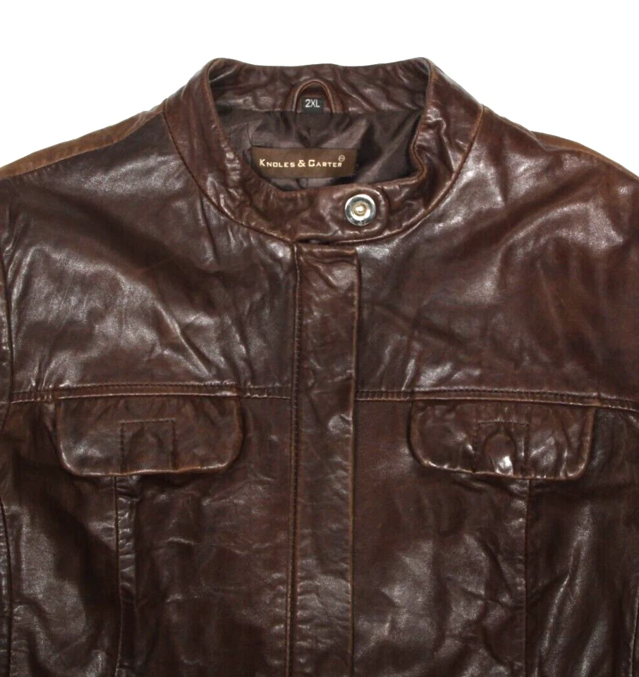 Chaqueta de moto de cuero marrón rico KNOLES & CARTER cremallera a presión para mujer talla XXL/298 Foto 2 de 4