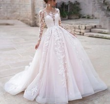 Luxury A-Line Wedding Dresses Scoop Neck Long Sleeves Lace Applique Bridal Gowns