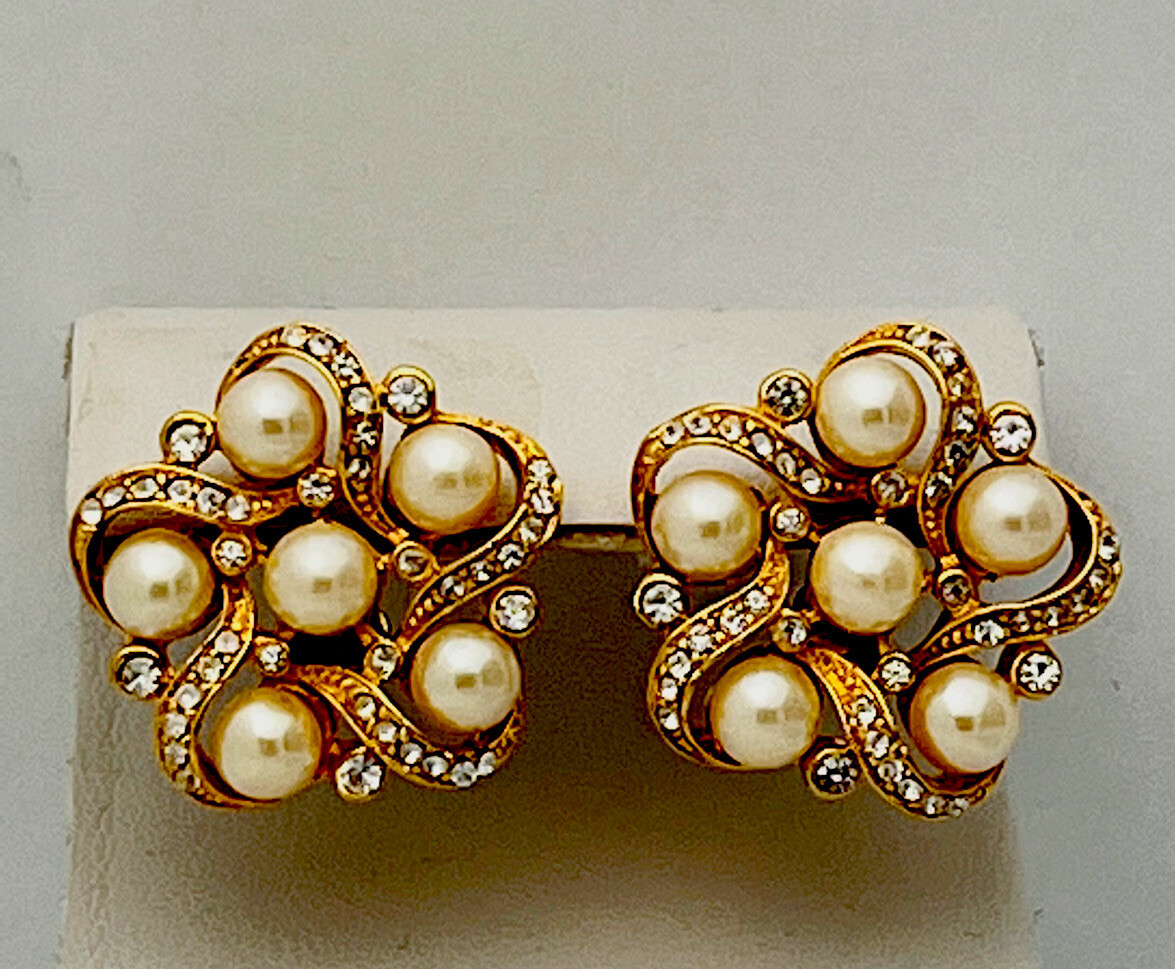 Signed A F J Vintage Gold Tone 92 Crystal Faux Pearl Pierced