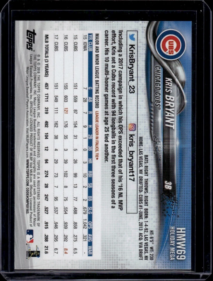 2018 Topps Holiday #HMW69 Kris Bryant Metallic Snowflake - Image 2 of 2