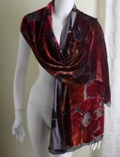 Estate Exquisite PInk Red Orange Velvet Devore Floral 80x20 Rectangle Scarf Wrap