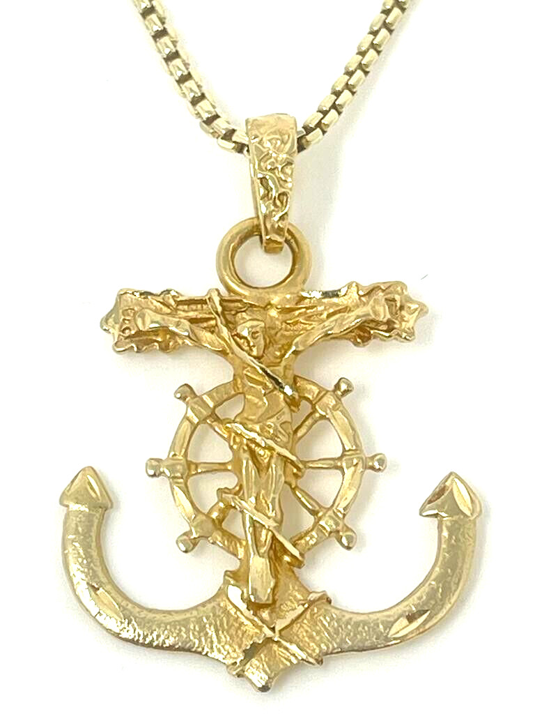 14Kt Yellow Gold Vintage Anchor Cross Jesus Pendant N… Gem