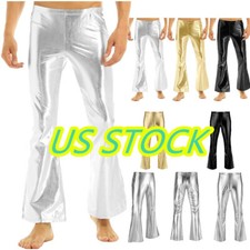 Men' Shiny Faux Disco Trousers Bell Bottoms Flared Long Pants Motorcycle