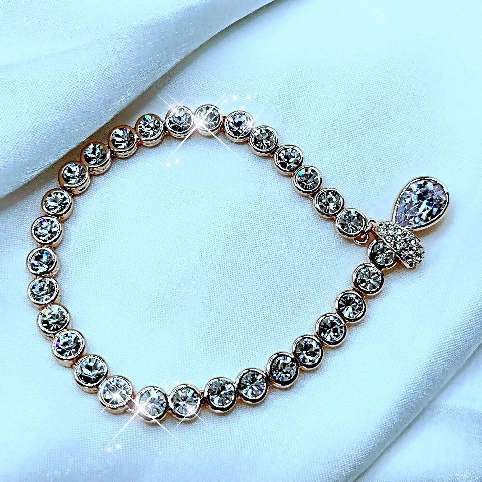 Hecho con SWAROVSKI Cristal Gota de Agua 18k Oro Rosa Relleno Tenis Pulsera Foto 3 de 4