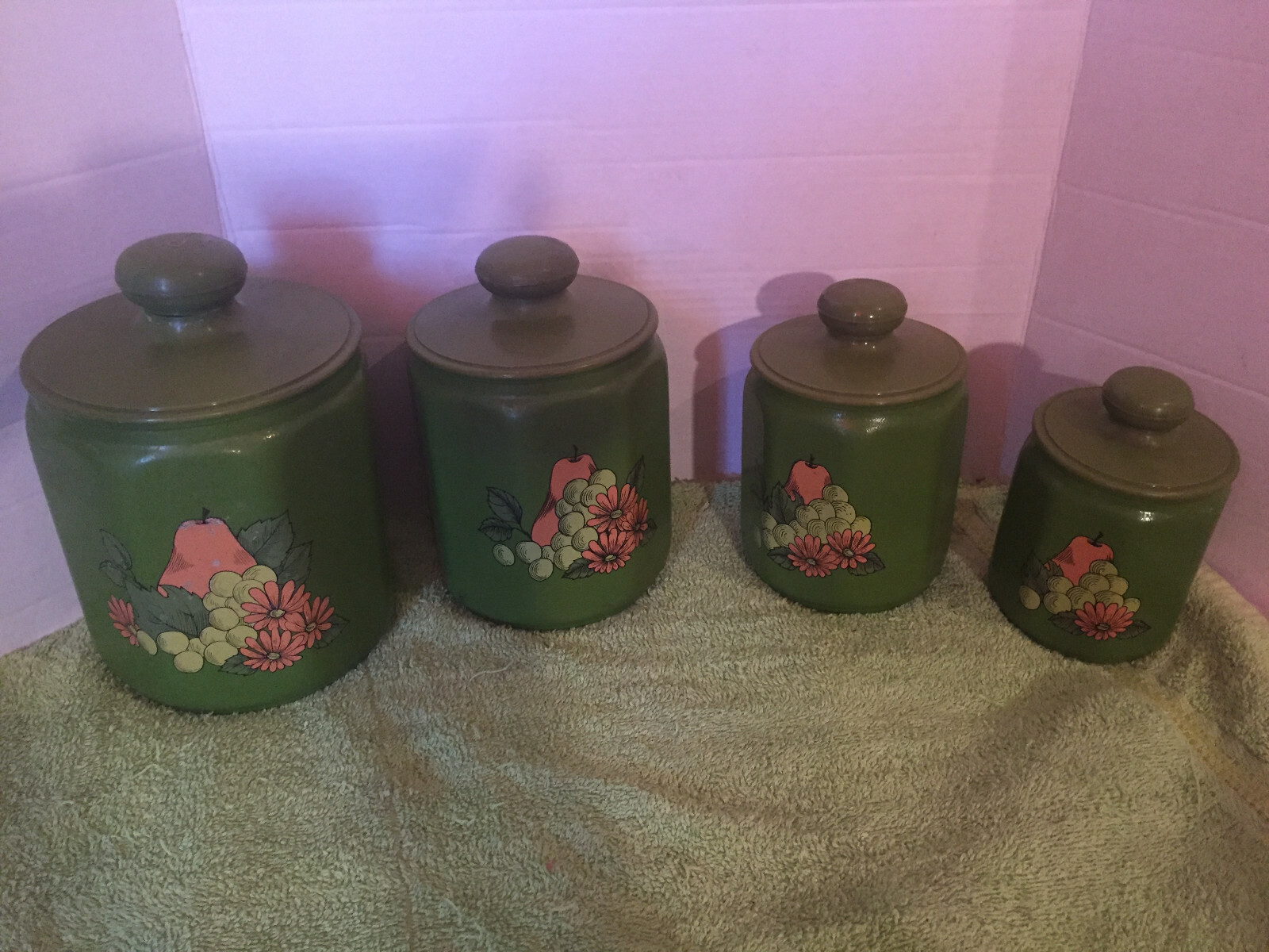 Vintage Kromex green flower & fruit aluminum canister set of 4 eBay