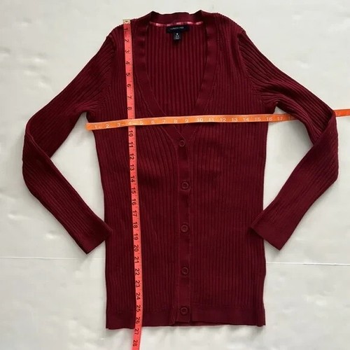 Lands’ End Ribbed Long V Neck Cardigan Burgundy Size Medium - Bild 6 von 8