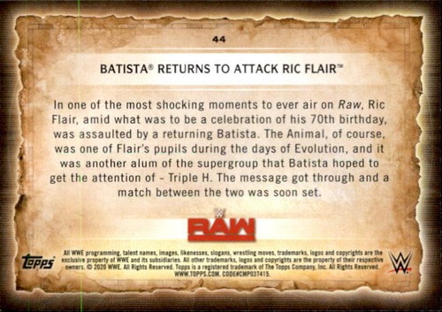 Batista 2020 Topps WWE Road To Wrestlemania Foilboard Card #44 - Picture 2 of 2