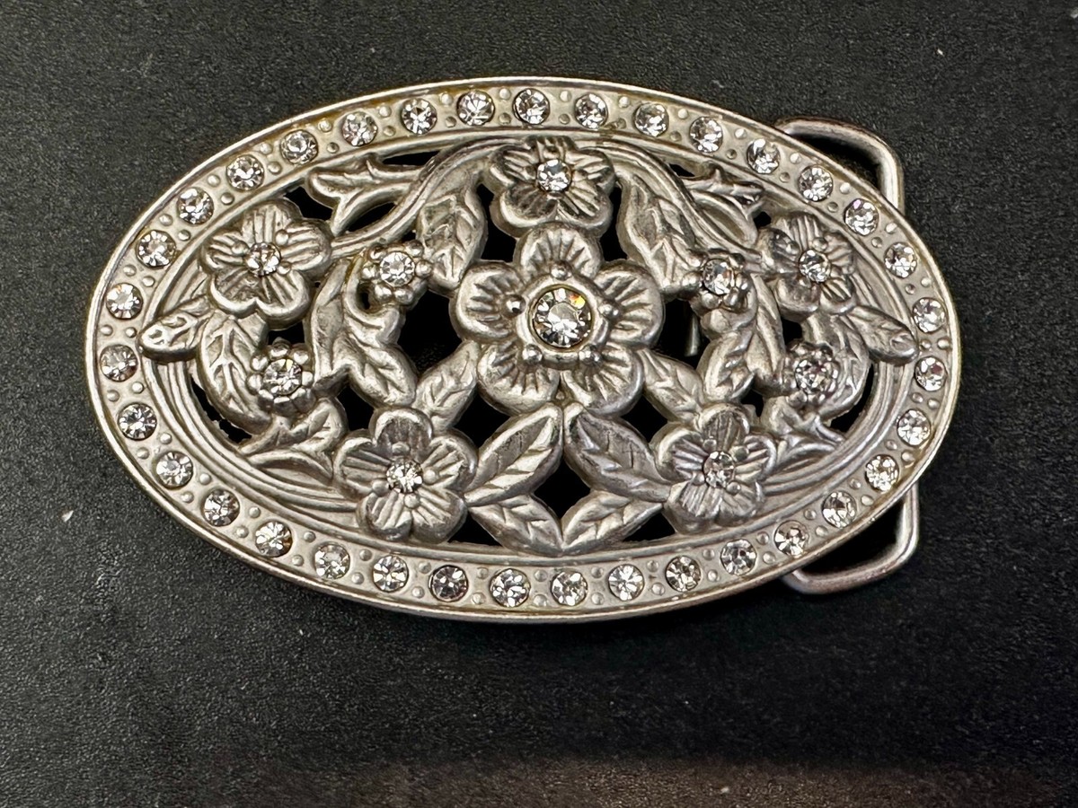 Vintage rhinestone encrusted belt flower inspired belt buckle Full of glitz Genuine Full Grain Western Floral Engraved Tooled Leather  main image 3