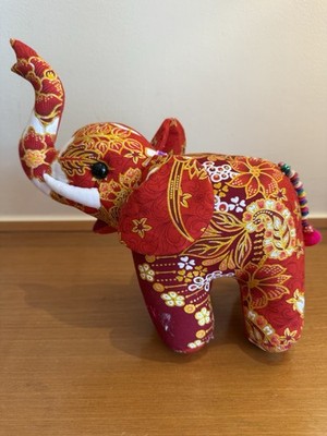 Elephant Red Gold Stuffed Cotton Fabric Flower Printed Thai Made 10''  Ñ17