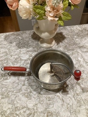 Vintage Foley Food Mill Stainless Steel Masher Ricer Strainer Red Handle, Nice!