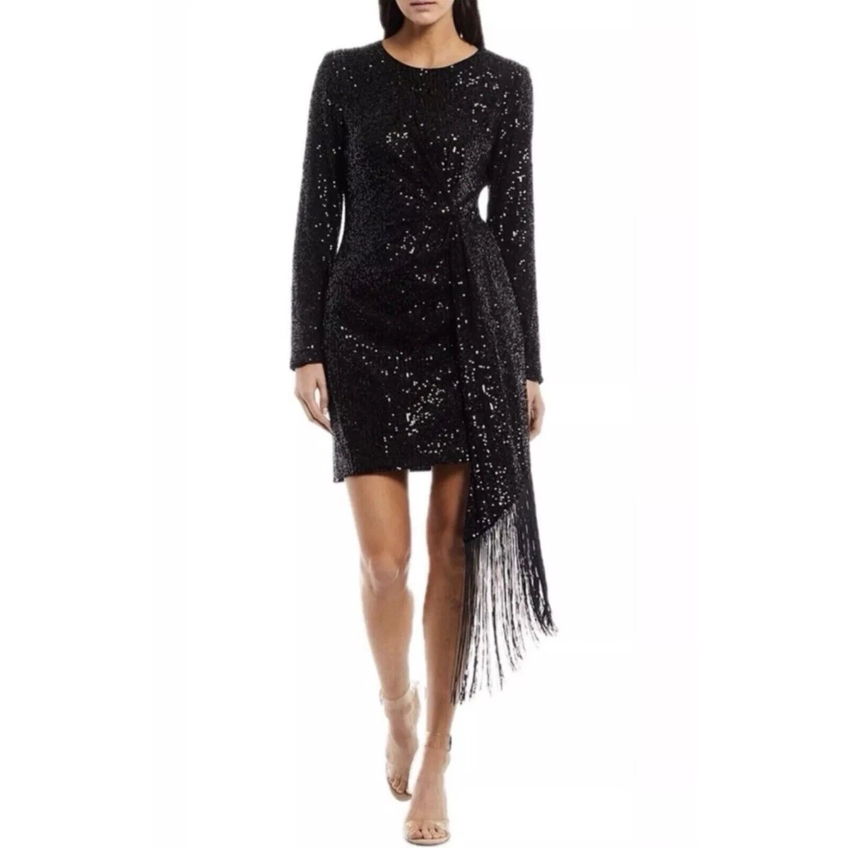 chinese dress ladies BADGLEY MISCHKA Size M Silver Burgundy Sequined Long Sleeve Mini Dress main image 1