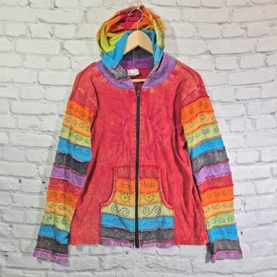 VTG Greater Good Hoodie Jacket L/XL Rainbow Boho Hippie Festival Cotton Zip Up