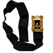 Vintage Black Ribbon Belt with Ornate Gold Tone Buckle with Pink Stones 29"