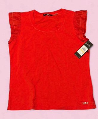Karl Lagerfeld Paris Red Knit Cotton Ruffle Sleeve Round Neck Top, S