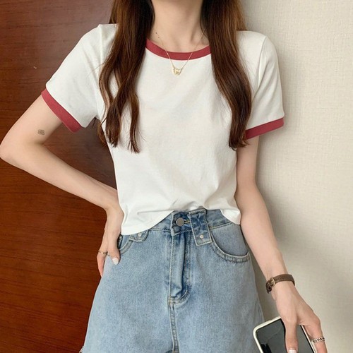 Short Sleeve Casual Tops for Women with Contrast Color Design and Comfort - Picture 10 of 32