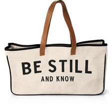 Be Still And Know White Canvas Tote Bag 20x12 Leather Handles