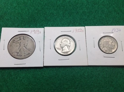 Silver 1919s Walking Half - 1952s Washington Quarter - 1937 Buffalo Nickel FH