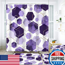 LQCOOL 4PC Purple Marble Grain Geometric Shower Curtain Set Bathroom Lavender