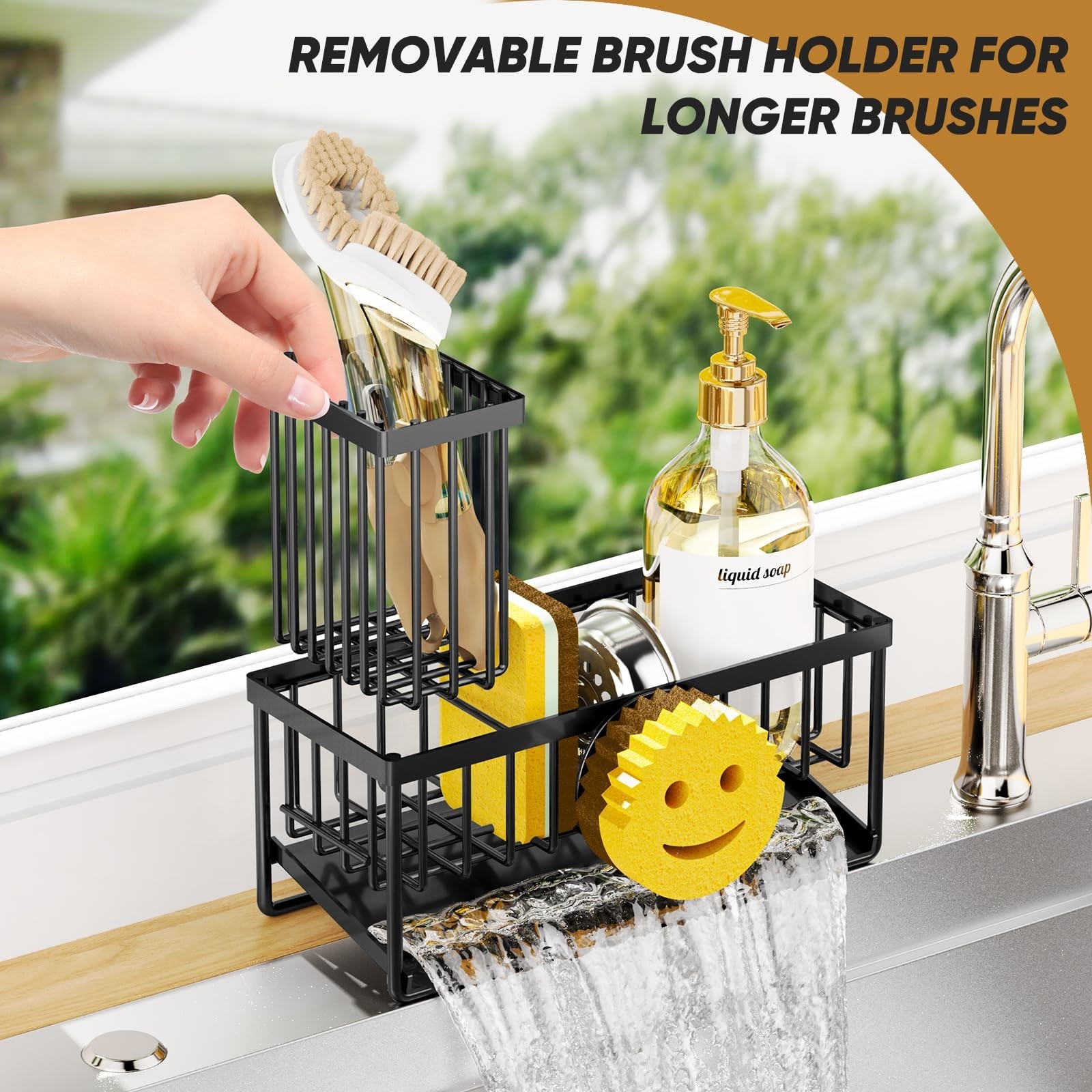 Smiley Face Kitchen Sink Sponge Holder Caddy with Removable Brush, Self-Draining — image 5