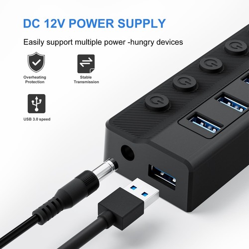 USB Hub 10 Port USB 3.0 Splitter Fast Data Transfer with Power Switches - Picture 7 of 9