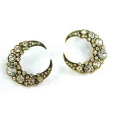 Glass Rhinestone Crescent Moon Pierced Chunky Large 1 3/8" Earrings Brass Tone