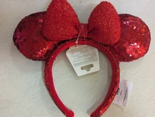 Disney Parks Red Sequin Red Bow Holiday Minnie Ears Headband New 2025