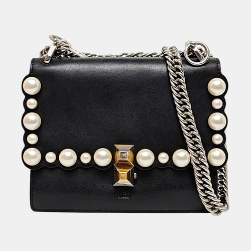 **RARE**Auth FENDI Kan I Black Calfskin Leather Pearl Small Shoulder Crossbody