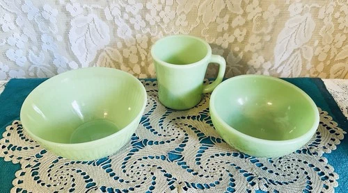 Fire King and Jeannette Glass Jadite Bowl and Cup 3 Piece Lot