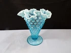 Fenton Blue Opalescent Hobnail Glass Fluted Cone Shaped Vase 5 3/4" Tall INV10