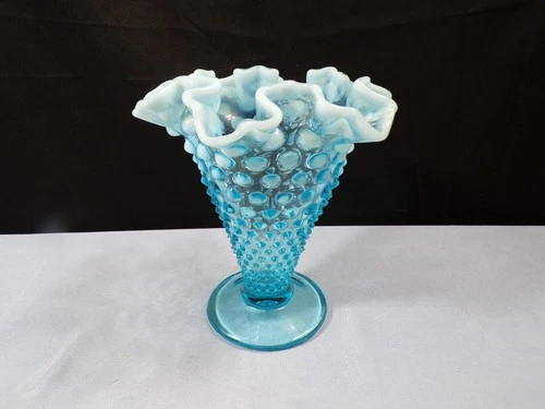 Fenton Blue Opalescent Hobnail Glass Fluted Cone Shaped Vase 5 3/4" Tall INV10