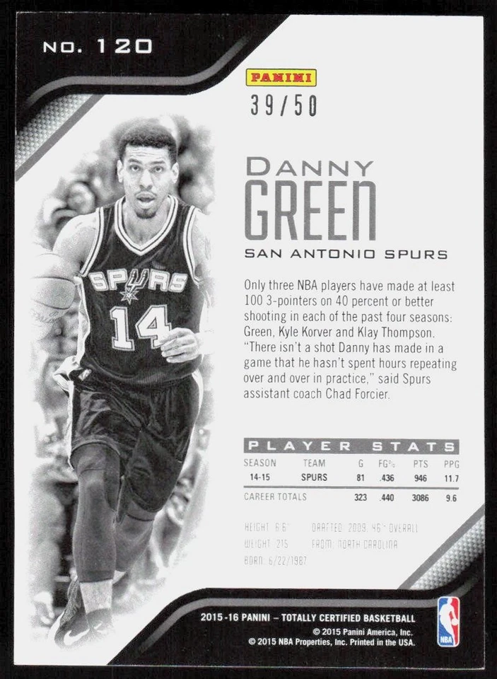 2015-16 Totally Certified Danny Green Purple /50 - Image 2 of 2