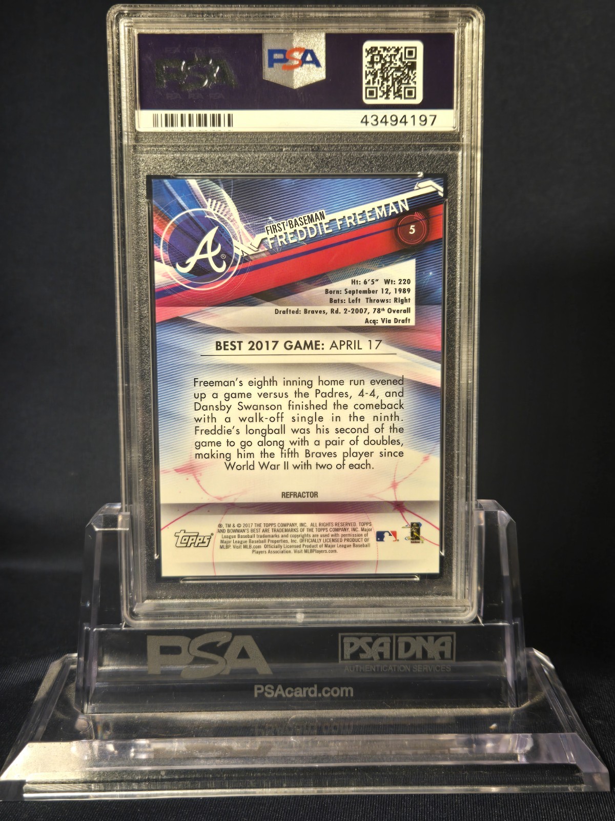 2017 BOWMAN’S BEST ATOMIC REFRACTOR FREDDIE FREEMAN #5 PSA 10 GEM MINT!!! view 2