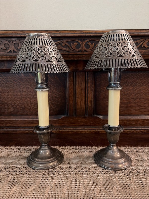 Antique Gorham Silver Push-up Candle Holders With Pierced Lampshades **Read**