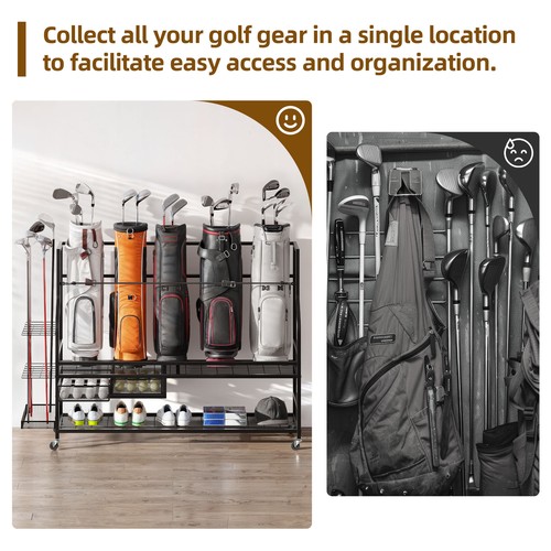 Golf Bag Stand Holder Organizer for Garage Fit for 5 Golf Bag with Wheels Summer - Picture 4 of 12