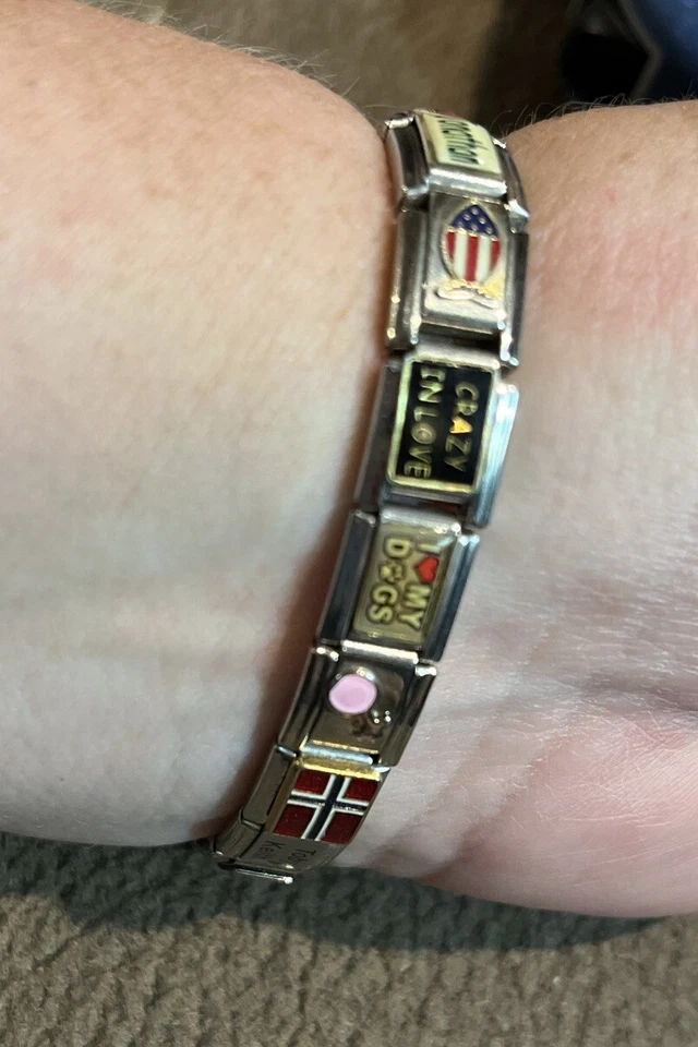 Pagoda Bracelet 18K GOLD/SS Personal Links Stretch Charms 17 Charms Made n Italy - Image 4 of 4