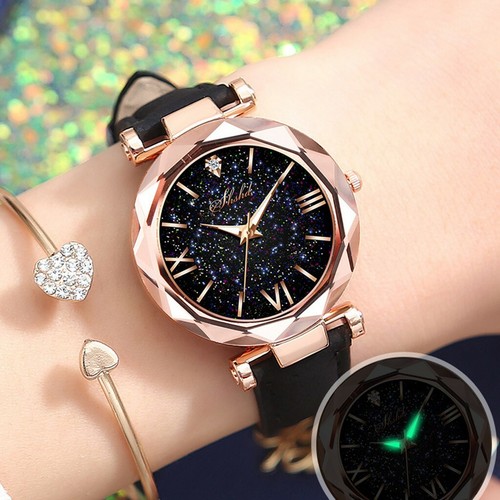 Reloj de pulsera analógico de cuarzo con correa de cuero estrellado para mujer relojes luminosos - Imagen 3 de 16