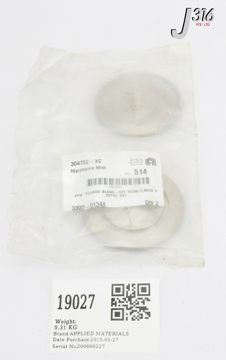 19027 APPLIED MATERIALS FTG FLANGE BLANK-OFF NW50 2.95OD X .20