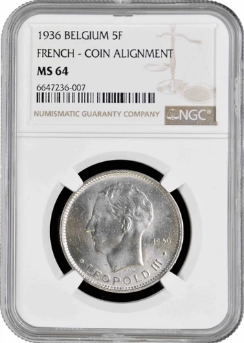 Belgium 5 francs 1936 French, NGC MS64, "King Leopold III (1934 - 1947)" Pop 1/2